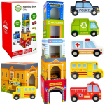 WOOPIE GREEN Dėlionės kubeliai Miesto transporto priemonės dėžutėse + figūrėlės 10 vnt.