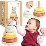 TOOKY TOY medinė sensorinė dėlionės piramidė su me&scaron;kiuko galva spalvotas kaladėlių rinkinys