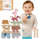 TOOKY TOY medinių kaladėlių dėlionė bok&scaron;to statytojas su gyvūnais Montessori 13 vnt.