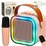 Karaokės rinkinys "Bluetooth" garsiakalbis mikrofonas USB LED rožinis