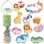 WOOPIE GREEN mediniai siūlų vėrimo kaladėlės - ZOO Montessori, 13 vnt.