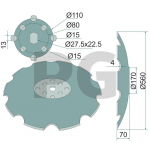 Įgaubtas diskas Corrugated, &Oslash; 560 x 4.5 mm  Outer hole circle &Oslash;: 110 mm  Vidinis hole circle &Oslash;: 80 mm  Hole &Oslash;: 15.5 mm  Square: 13.5 mm