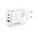 SENDEM GaN 65W USB-A + 2xUSB-C QC3.0, baltas