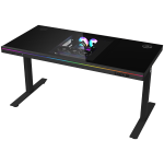 Dual-motor sit/stand adjustable-height gaming desk with built-in PC case, wireless charger, RGB lighting, control panel, and USB