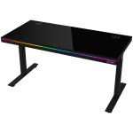 Dual-motor sit/stand adjustable-height gaming desk with wireless charger, RGB lighting, control panel, and USB ports, solid temp