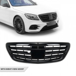 S65 i&scaron;vaizdos Priekinės Grotelės skirtos Mercedes-Benz W222 (13-20) su Night View Assist, juodos blizgios