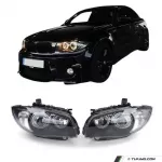 Priekiniai žibintai su geltonais angel eyes DEPO V1, komplektas skirtas BMW E81 / E82 / E87 / E88