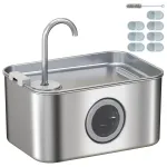Gertuvė-fontanėlis katėms 3,2 l, nerūdijančio plieno, su tylia pompa, filtru ir LED, sidabrinė