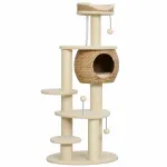 Draskyklė 132 cm su pintu &scaron;vendrių nameliu, guoliu, 3 stulpais ir 3 kamuoliukais, 1&ndash;2 katėms iki 6 kg, smėlio spalvos