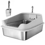 Katės tualetas i&scaron; nerūdijančio plieno, atviras, su auk&scaron;tais kra&scaron;tais ir kastuvėliu, didelėms katėms iki 12 kg, 69,8 x 50,3 x 29,8 cm, pilkas