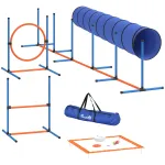 Agility rinkinys &scaron;unims, 8 dalių, su tuneliu, slalomo stulpais, reguliuojamais barjerais ir &scaron;uolių lanku, oranžinis