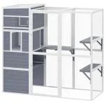 Lauko voljeras katėms 191x83x178 cm, medinis, su nameliu, 3 platformomis ir stogu, 3&ndash;4 katėms iki 10 kg, pilkas