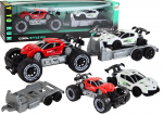 Raudono visureigio ir balto sportinio automobilio rinkinys su tralu