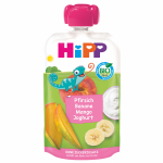 Ekologi&scaron;ka persikų, bananų, mango tyrelė su jogurtu