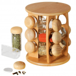 Medinis prieskonių stovas, besisukantis, su 13 vnt. stiklinių indelių