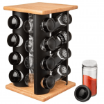 Juodas, besisukantis prieskonių stovas su 16 stiklinių indelių