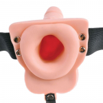 FETISH FANTASY SERIES &ndash; reguliuojamas diržas su nuotoliniu valdymu realisti&scaron;ku peniu su įkraunamais kiau&scaron;iniais ir vibratoriumi 15 cm
