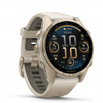Garmin fenix 8 &ndash; 43 mm, AMOLED Sapphire, &Scaron;viesaus aukso ir rūko pilkos / tamsios smiltainio spalvos silikoninis dirželis