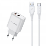 Įkroviklis 22.5W USB-A/USB-C + kabelis USB-A - Type-C 1m Awei PD81T-EU baltas
