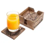 Puodelių padėkliukų rinkinys su stovu, mango mediena, rudas, 11,5 &times; 11 &times; 6 cm, 6 vnt.