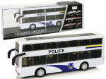 Baltas dviejų auk&scaron;tų policijos autobusas su &scaron;viesos ir garso efektais