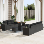 vidaXL 10-częściowy zestaw sof ogrodowych z poduszkami Black Poli Rattan Akacja, 3-częściowy zestaw jadalniany z poduszkami Black Poli Rattan Akacja | 3361969 | 8721288420886