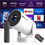 &bdquo;Reagle&ldquo; ne&scaron;iojamasis LED mini projektorius su &bdquo;Android 14&ldquo;, &bdquo;Wi-Fi&ldquo; ir &bdquo;Smart TV&ldquo;, 2026 m. modelis, 1280 &times; 720