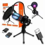 &bdquo;Zenwire ME4&ldquo; kondensatorinis USB-C mikrofonas kompiuteriui ir ne&scaron;iojamajam kompiuteriui, su stovu ir RGB ap&scaron;vietimu