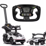 Baltas &bdquo;Lamborghini Essenza SCV12&ldquo; vaiki&scaron;kas automobilis-paspirtukas su stūmimo rankena