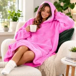 Rožinis pūkuotas džemperis-antklodė su gobtuvu, &bdquo;oversize&ldquo;, XXL, 2 viename