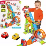 Didelis garažas su lenktynių trasa, kilpa, paleidimo rampa, 2 automobiliukais, degaline ir dirbtuvėmis