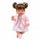 Tamsiaplaukė lėlytė su rožine suknute, juokiasi, 28 cm