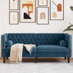 Dvivietė chesterfield sofa su pagalvėlėmis, mėlyna, aksomas