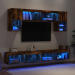 Sieninė TV sekcija su LED, 6 dalių, dūminio ąžuolo, mediena