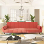 Dvivietė sofa-lova su dvejomis pagalvėmis, rožinė, aksomas