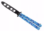 Balisong treniruojamas peilis, melsva rankena, juoda buka geležtė