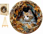 DIDELĖS MEDINĖS DĖLIONĖS 300 DETALIŲ 3D VITRAŽINIS KATINAS MEDINĖJE DĖŽUTĖJE