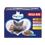 PREVITAL &scaron;lapias kačių ėdalas Megabox su ėriena, jautiena, triu&scaron;iena ir vi&scaron;tiena padaže &ndash; 24 x 100 g