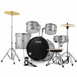 VEVOR 5 dalių suaugusiųjų būgnų rinkinys su 56 cm bosiniu būgnu, snares, tomais, lėk&scaron;tėmis, pedalu, sėdyne ir stovais &ndash; sidabrinis