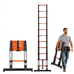 VEVOR 3,22 m teleskopinės aliuminio kopėčios, 150 kg apkrova, vieno mygtuko sulankstymas, neslidūs laipteliai, oranžinės/juodos, namams ir kemperiui
