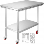 VEVOR Nerūdijančio Plieno Darbo Stalas 30x61x86cm, 318kg Apkrova, 3 Auk&scaron;čio Lygiai, 4 Ratukai, Sunkus Komercinis Virtuvės Stalas