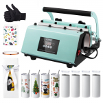 VEVOR termo spaudos presas rinkinys su 8x 600ml sublimaciniais puodeliais, presas 330&ndash;900ml puodeliams, su &scaron;ilumos popieriumi, pir&scaron;tinėmis, juosta