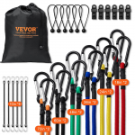 VEVOR 30 dalių 8 mm tvirtų guminių virvių rinkinys su A3 plieno karabinais, 25&ndash;183 cm, krep&scaron;ys, spaustukai ir tentų dirželiai