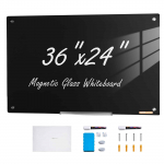 VEVOR Magnetinė stiklinė lenta 91x61 cm, be rėmelio, su dėklu, trintuku ir 2 žymekliais, tvirtinama prie sienos, juoda