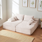VEVOR 210 cm Didelė Dviguba &Scaron;ezlongo Sofa, Korduroy Audinys, Gili Sėdimoji Dalys su Pagalvėlėmis, Surinkimas Nereikalingas, Smėlio