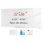VEVOR Magnetinė stiklinė lenta 183x91 cm, be rėmelio, su dėklu, trintuku ir žymekliais, tvirtinama prie sienos, balta