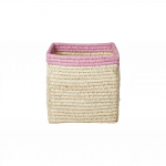Rice - Raffia Basket without Handles in Nature with Soft Pink Border - 20 cm x 20 cm x 20 cm - natural with soft pink border