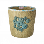 Rice - Raffia Basket with Blue Flower Embroidery and Flower Fabric Edge - Blue