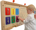 MASTERKIDZ Montessori sieninė lenta su atidarymo ir uždarymo užraktais, slankikliais ir sagomis