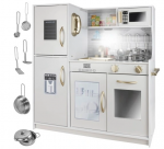 Medinė virtuvė vaikams Kruzzel, didelė viryklė + priedai, puodai, LED lemputė